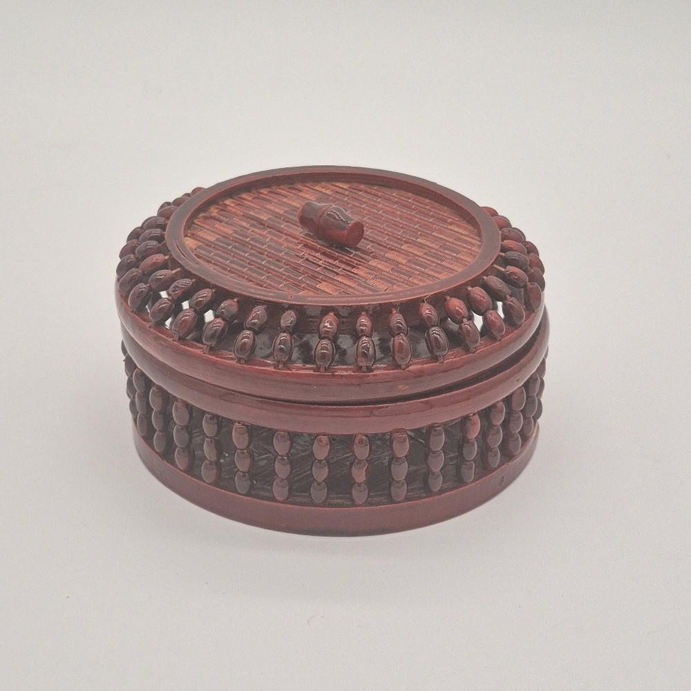Bamboo Lidded Trinket Box Vintage Handmade Open-Weave Lacquered 4.5x4.5x3”
